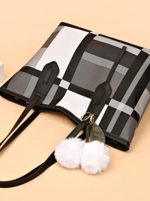 格子圖案單肩手提包帶袋飾女式手提包，單肩包錢包頂部提手流浪漢手提包，大容量錢包挎包時尚手提包學校禮物，復古斜挎錢包旅行背包 - 彩色 - 查看 5