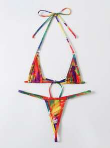 SHEIN Swim Summer Beach Allover Print Micro Triangle Bikini - Multicolor - View 6