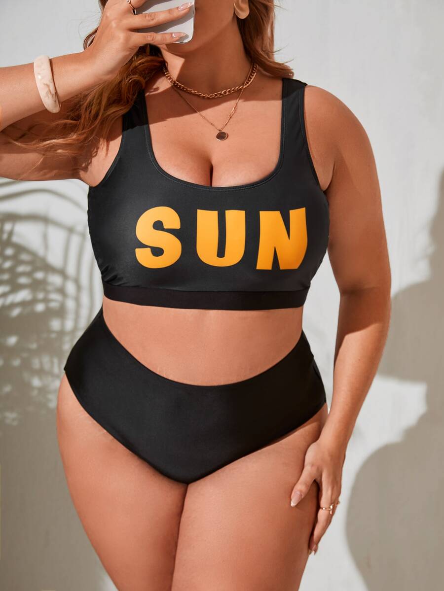 Plus Size Letter Graphic High Waist Bikini Set Summer Beach - Black - View 1