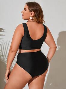 Plus Size Letter Graphic High Waist Bikini Set Summer Beach - Black - View 2
