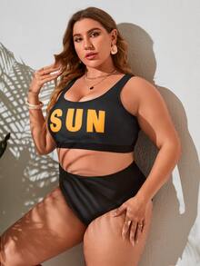 Plus Size Letter Graphic High Waist Bikini Set Summer Beach - Black - View 4