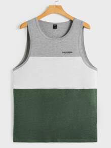 GENTILAND Men Letter Graphic Colourblock Tank Top - Dark Green - View 1