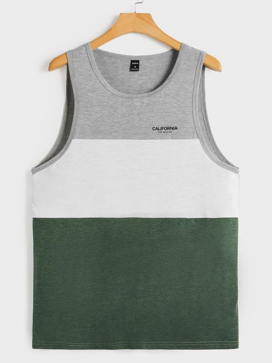 GENTILAND Men Letter Graphic Colourblock Tank Top - Dark Green - View 1