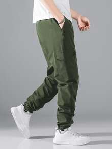 Manfinity Hypemode Men Flap Pocket Side Drawstring Waist Pants - Army Green - View 2