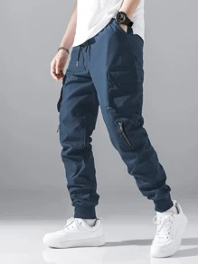Manfinity Hypemode Hombres Pantalones cargo con diseño de cremallera con bolsillo lateral con solapa de cintura con cordón - Azul Marino - Ver 1