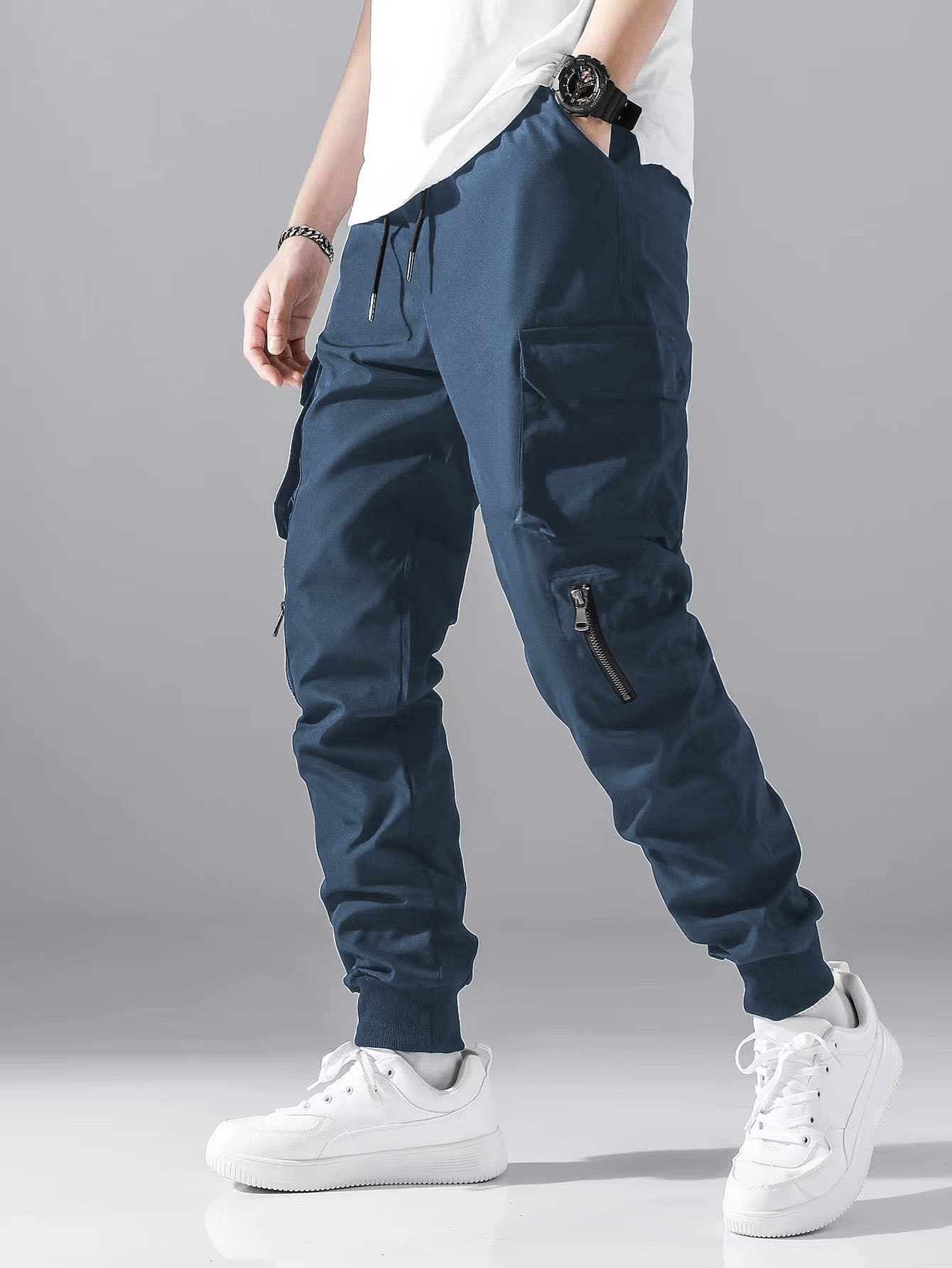 Manfinity Hypemode Hombres Pantalones cargo con diseño de cremallera con bolsillo lateral con solapa de cintura con cordón - Azul Marino - Ver 1