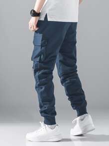 Manfinity Hypemode Hombres Pantalones cargo con diseño de cremallera con bolsillo lateral con solapa de cintura con cordón - Azul Marino - Ver 2