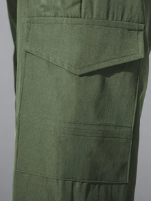 Manfinity Hypemode Men Flap Pocket Side Drawstring Waist Pants - Army Green - View 4