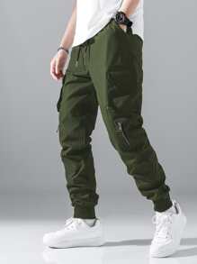 Manfinity Hypemode Men Zip Detail Flap Pocket Side Drawstring Waist Cargo Trousers - Army Green - View 1
