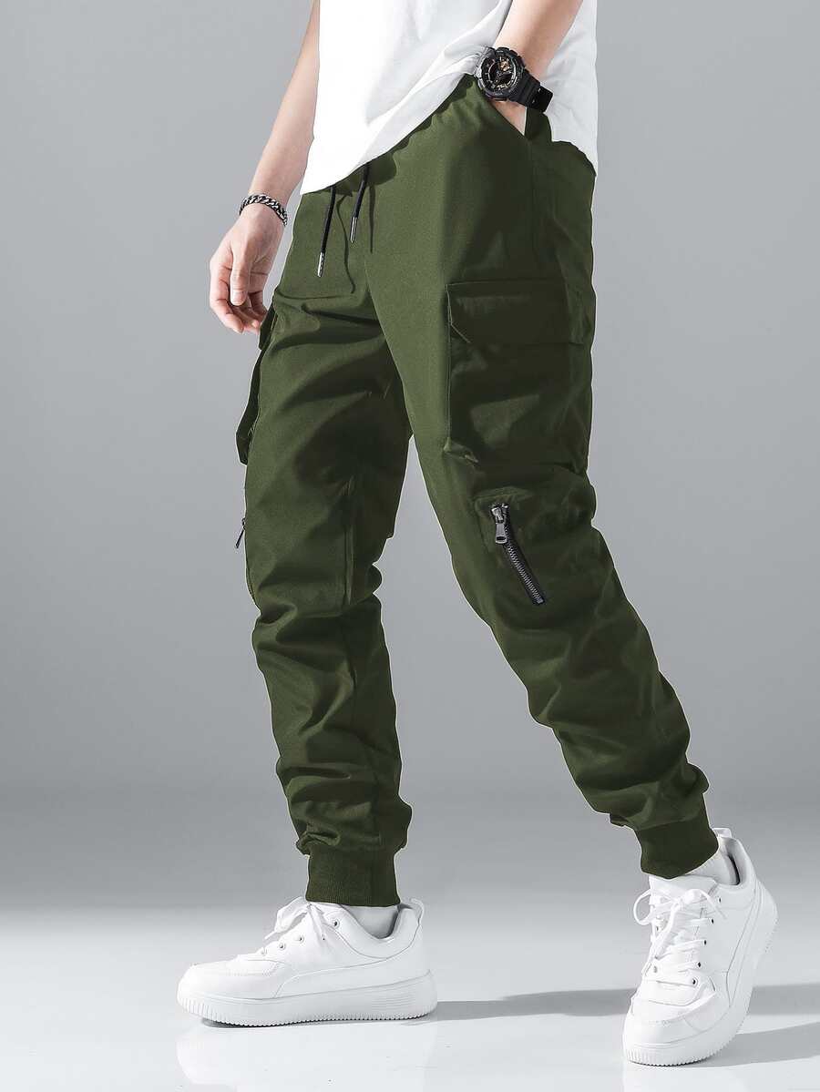 Manfinity Hypemode Men Zip Detail Flap Pocket Side Drawstring Waist Cargo Trousers - Army Green - View 1