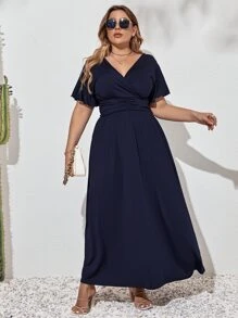 Modelyn Plus Butterfly Sleeve Ruched Dress - Navy Blue - View 4