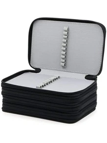 1pc High Capacity Zipper Pens Pencil Case, Multi-Functional Stationery Pencil Pouch, 72 Slots Colored Pencil Case, Portable Pencil Bags With 2 Removable Sleeves,Back To School,School Supplies - Black - View 4