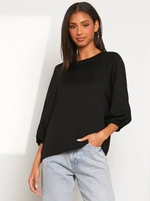 SHEIN LUNE Solid Lantern Sleeve Blouse - Black - View 2