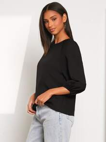 SHEIN LUNE Solid Lantern Sleeve Blouse - Black - View 4