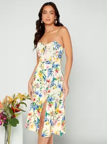 SHEIN VCAY 印花高衩吊帶連衣裙 - 彩色 - 查看 1