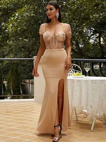 Missord Mesh Panel Sequin Decor Bustier Split Thigh Formal Dress - Apricot - View 3