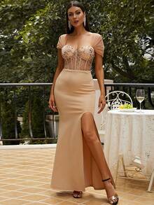 Missord Mesh Panel Sequin Decor Bustier Split Thigh Formal Dress - Apricot - View 4
