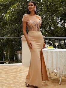 Missord Mesh Panel Sequin Decor Bustier Split Thigh Formal Dress - Apricot - View 5