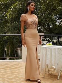 Missord Mesh Panel Sequin Decor Bustier Split Thigh Formal Dress - Apricot - View 6