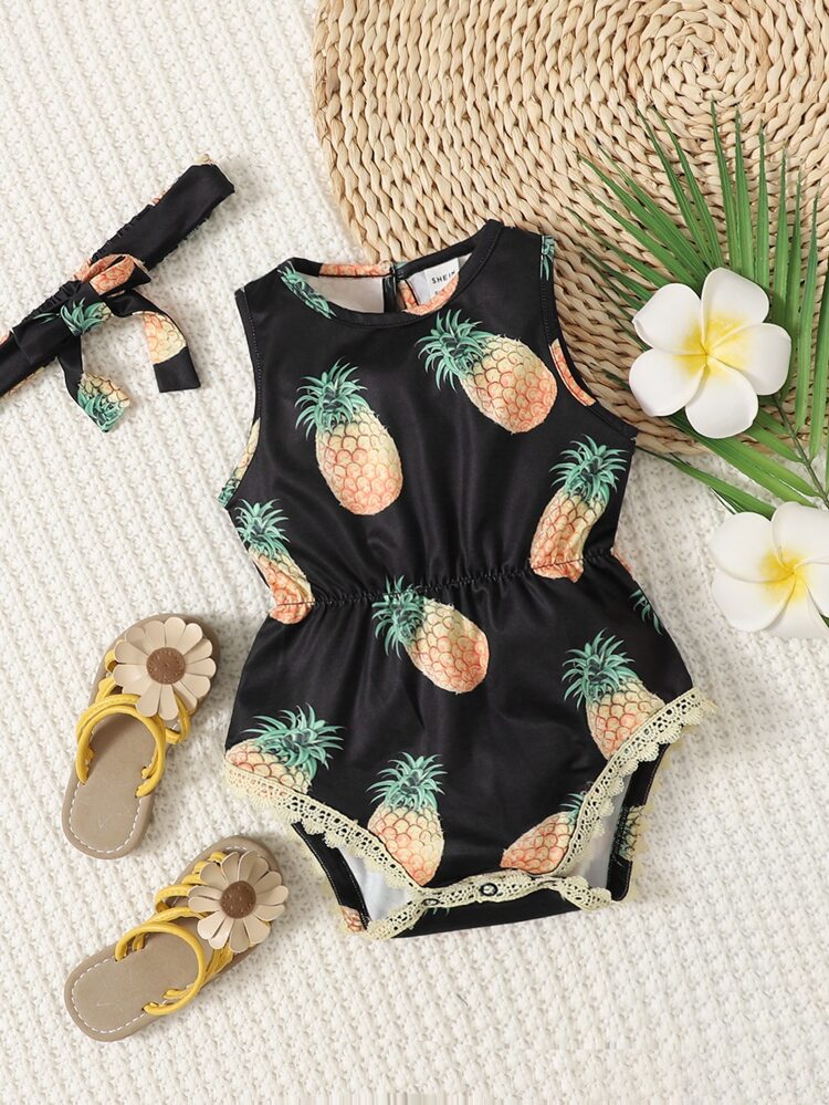 Baby Pineapple Print Guipure Lace Trim Bodysuit With Headband