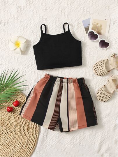 SHEIN توب كاميه وشورت مخطط ملون لطفلة