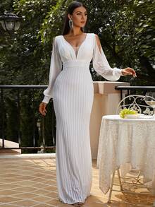 Missord Split Sleeve Mesh Panel Contrast Sequin Formal Dress - White - View 3