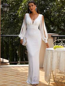 Missord Split Sleeve Mesh Panel Contrast Sequin Formal Dress - White - View 4