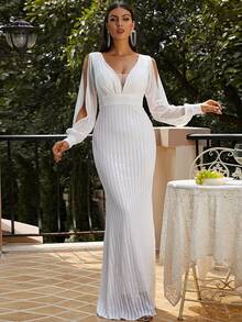 Missord Split Sleeve Mesh Panel Contrast Sequin Formal Dress - White - View 5