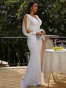 Missord Split Sleeve Mesh Panel Contrast Sequin Formal Dress - White - View 8