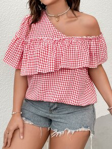 SHEIN SunnyBelle 大碼雙色格子不對稱領荷葉邊襯衫 - 紅白色 - 查看 4