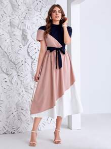 Modelyn Colour Block Belted Dress - Multicolor - View 1
