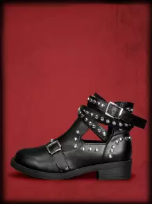 ROMWE Grunge Punk Studded & Buckle Decor Chunky Heeled Sandal Boots - Black - View 1