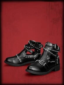 ROMWE Grunge Punk Studded & Buckle Decor Chunky Heeled Sandal Boots - Black - View 2