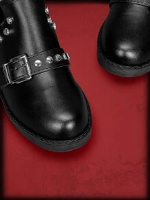 ROMWE Grunge Punk Studded & Buckle Decor Chunky Heeled Sandal Boots - Black - View 3