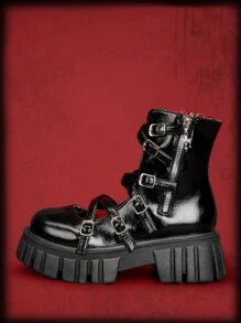 ROMWE Avant 搭扣裝飾側拉鏈防水台涼鞋靴 - 黑色 - 查看 2