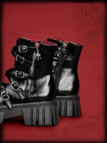 ROMWE Avant 搭扣裝飾側拉鏈防水台涼鞋靴 - 黑色 - 查看 4