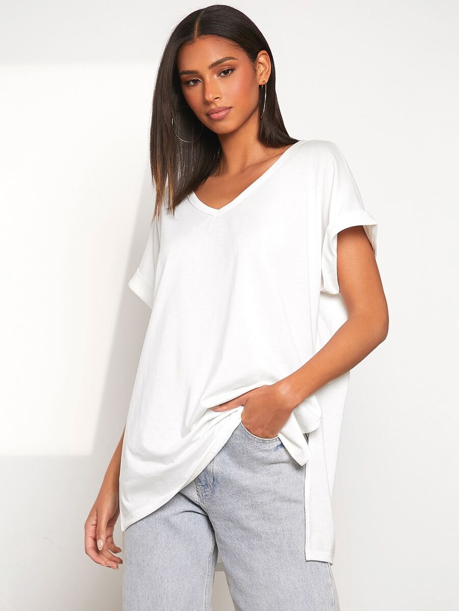 SHEIN Essnce Áo thun nữ Chia màu trơn Giải trí - trắng - Xem 1