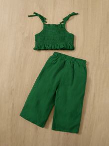 SHEIN Baby Tie Shoulder Shirred Ruffle Trim Cami Top & Pants - Green - View 2