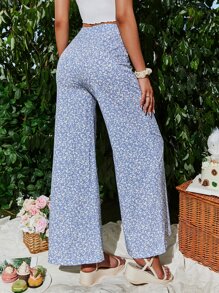 Ditsy Floral Wide Leg Trousers - Blue - View 1