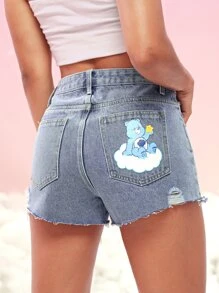 SHEIN X Care Bears Shorts en mezclilla con estampado de dibujos animados desgarro bajo crudo - Lavado ligero - Ver 5