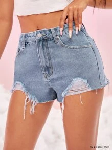 SHEIN X Care Bears Shorts en mezclilla con estampado de dibujos animados desgarro bajo crudo - Lavado ligero - Ver 6