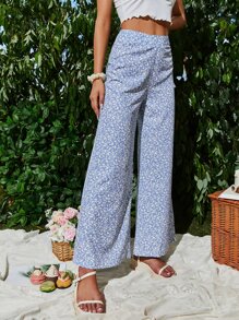 Ditsy Floral Wide Leg Trousers - Blue - View 4