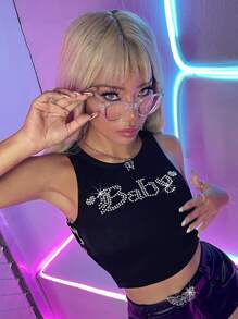 SHEIN Top tank con diamante de imitación con patrón de letra vinculado con aro de corazón - Negro - Ver 1
