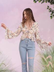 SHEIN Frenchy Áo sơ mi nữ Xù Viên lá sen Thắt nơ trước Hoa Tất cả trên in Boho - Nhiều màu - Xem 6