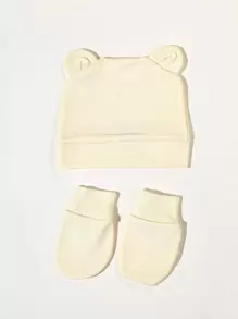 1pair Baby Plain Gloves & 1pc Hat - Beige - View 1