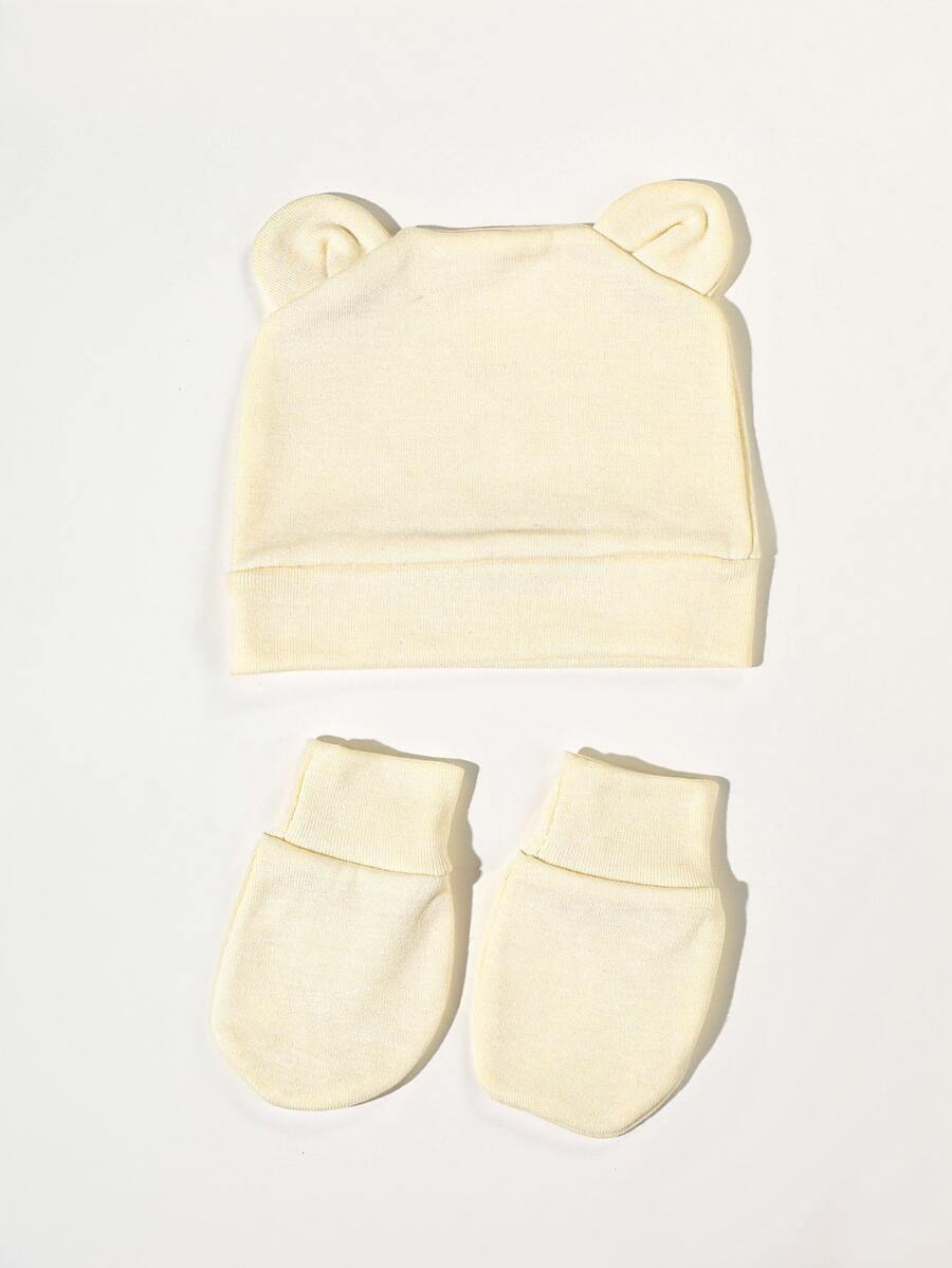 1pair Baby Plain Gloves & 1pc Hat - Beige - View 1