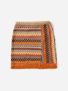 SHEIN VCAY Chevron Embroidery Fringe Trim Split Hem Skirt - Orange - View 5