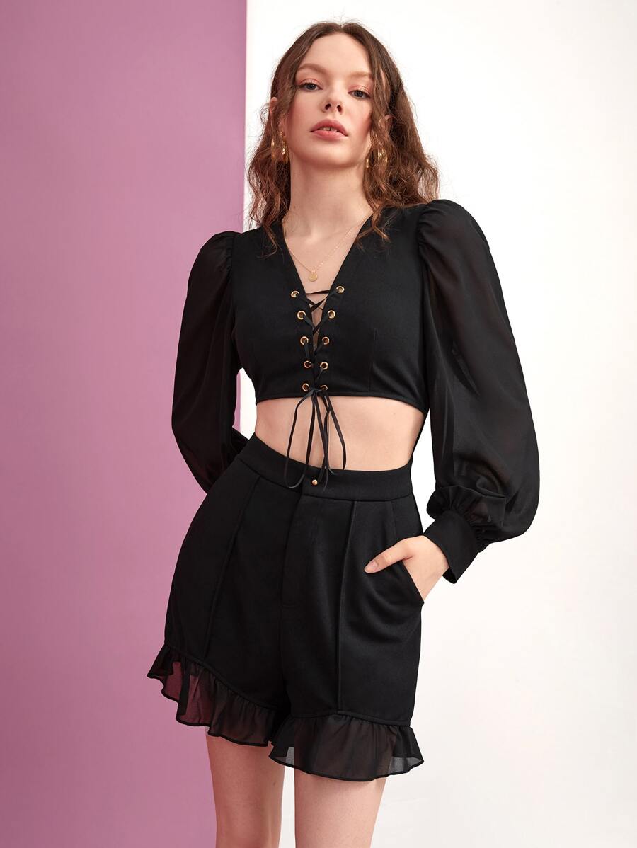 Jupiter Spells Lace Up Front Tie Back Cut Out Ruffle Hem Romper - Black - View 1