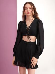 Jupiter Spells Lace Up Front Tie Back Cut Out Ruffle Hem Romper - Black - View 6