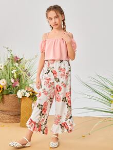 SHEIN Girls Cold Shoulder Top & Floral Print Ruffle Hem Trousers - Multicolor - View 3